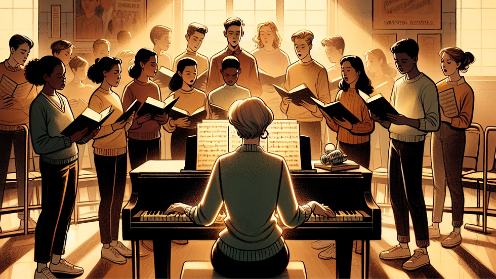 Conductor at piano leads choir singing in a warmly lit room. Members hold songbooks, bathed in soft sunlight. Mood is serene and focused.