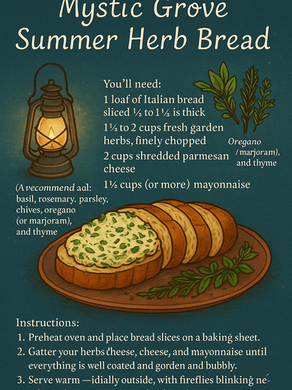 Italian bread, herbs, Parmesan, and mayo on a blue background. Recipe text for Mystic Grove Summer Herb Bread, with starry accents.