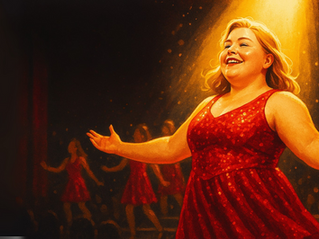 Woman in a sparkling red dress sings joyfully on stage under a spotlight, surrounded by dancers in matching outfits. Warm lighting adds glow.