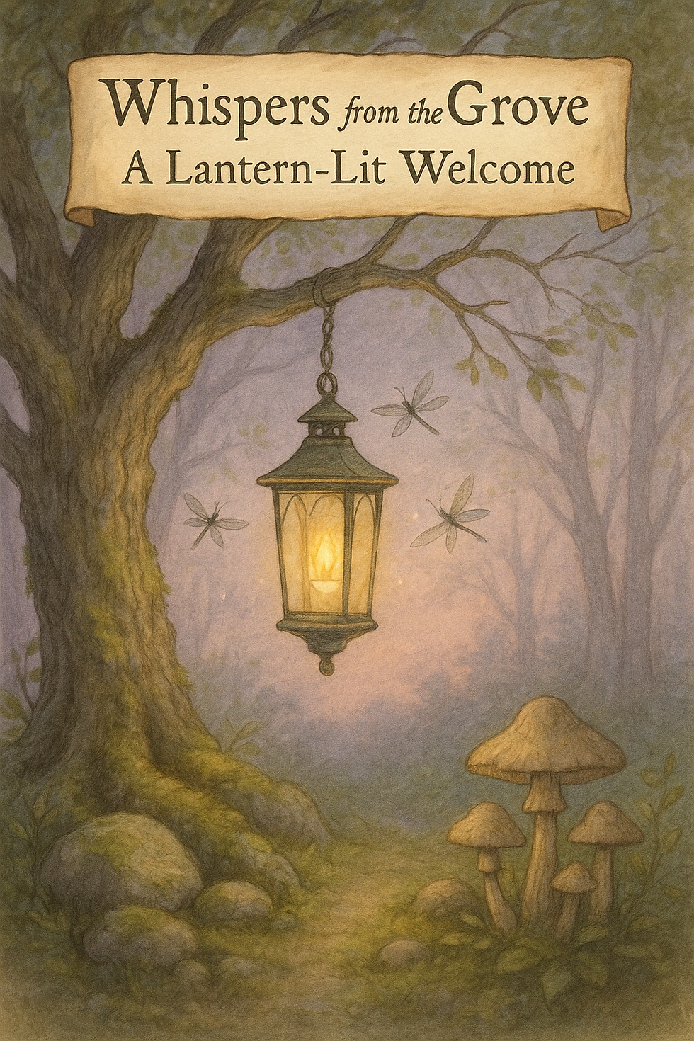 A glowing lantern hangs from a tree branch in a mystical forest with fireflies, mushrooms, and text "Whispers from the Grove: A Lantern-Lit Welcome."