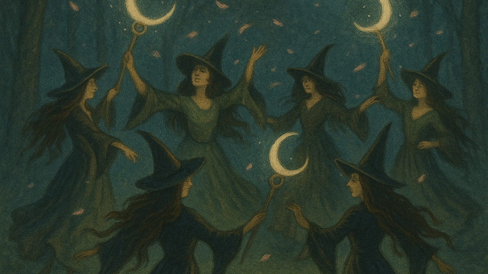 Six witches in dark dresses dance in a forest, holding crescent moon staffs. Petals fall around them, creating a mystical atmosphere.