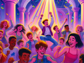 Teens dance joyfully under colorful lights and confetti in a vibrant hall with pillars, creating a lively and energetic atmosphere.