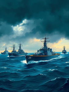 Imagem representativa de uma frota de navios de guerra.