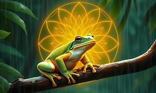 Fantasy-style image of a large Phyllomedusa bicolor (giant monkey frog) sitting on a wet j