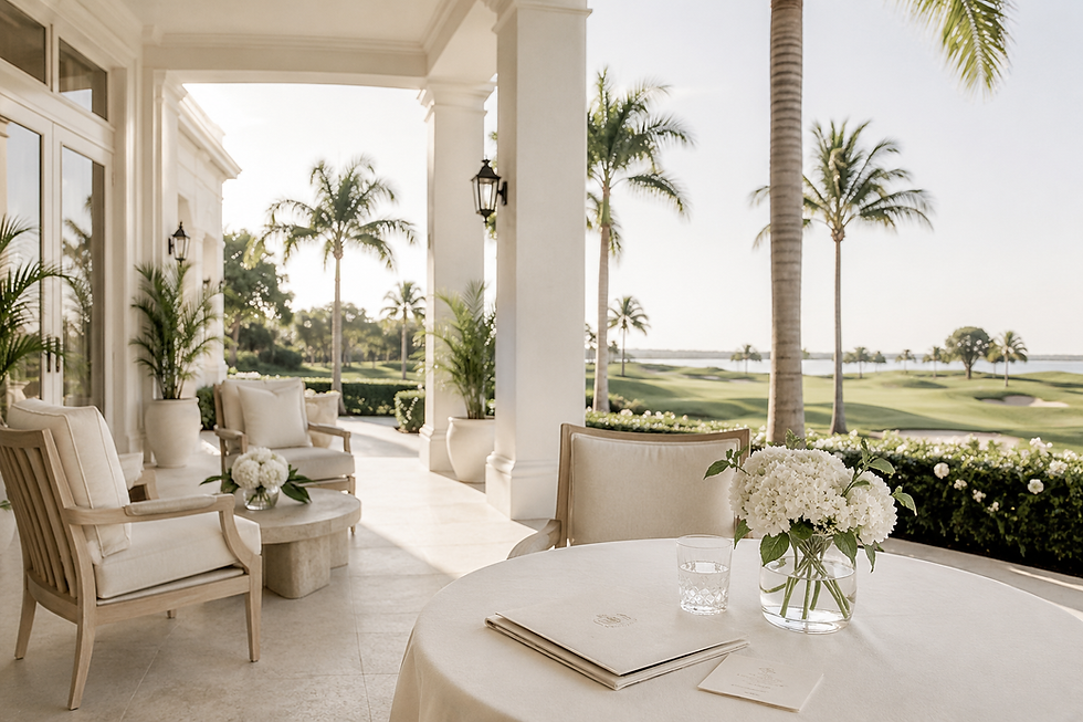 Refined private club terrace overlooking palm-lined golf grounds and waterfront views.