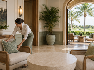 A private club staff member adjusts a pillow in a refined lounge overlooking a golf course, representing member experience, stewardship, and trust in private club marketing.