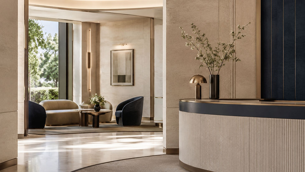A refined hospitality-inspired reception setting with a folio, water glass, and quiet service details, representing the beginning of the member and client experience.