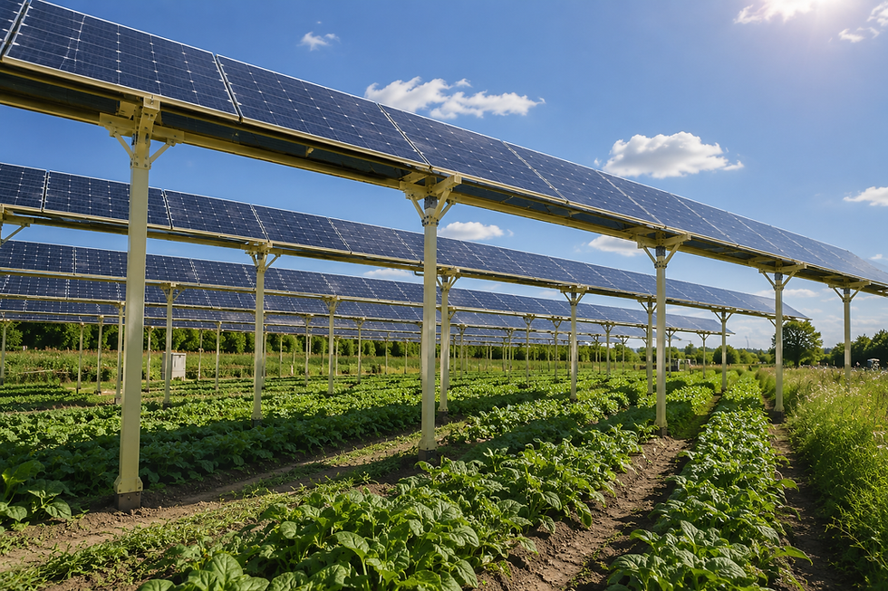 Rows of solar panels shade leafy crops in a sunny field under a blue sky with clouds, creating a clean agrivoltaic scene.