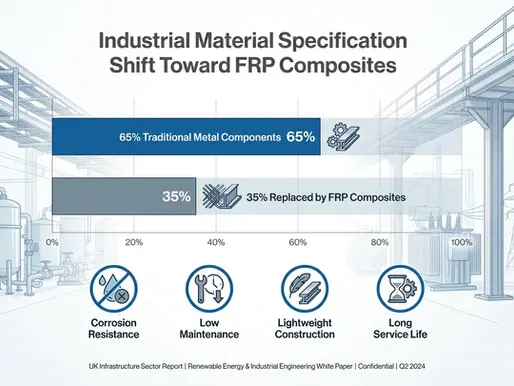 Industrial infrastructure showing structural materials and secondary systems representing the market shift from steel and metal components to FRP composites, with corrosion resistance driving 35% of metal replacement across industrial applications