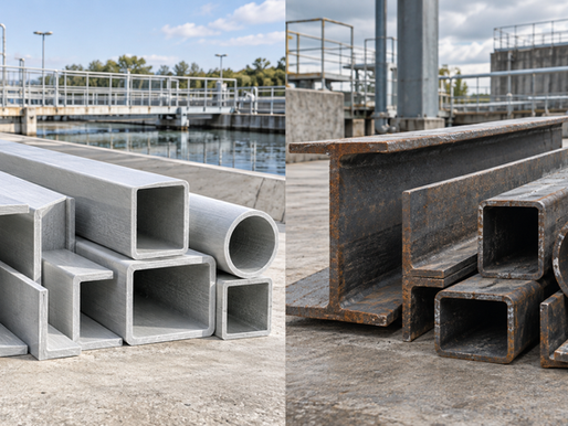 FRP versus structural steel material properties comparison table covering ten properties including density 1750 to 2100 kg per cubic metre versus 7850 for steel, longitudinal tensile strength 240 to 350 MPa versus 275 MPa yield for S275, modulus of elasticity 17 to 50 GPa versus 200 GPa, corrosion immunity versus finite coating life, volume resistivity 10 to the 16 ohm metres versus conductor, thermal expansion 6 to 8 ppm per degree Celsius versus 12, thermal conductivity 0.3 to 0.5 W per metre kelvin versus 50, non-magnetic versus ferromagnetic, and fire performance comparison for pultruded GFRP EN 13706 E23 and structural steel S275 in UK secondary infrastructure specification