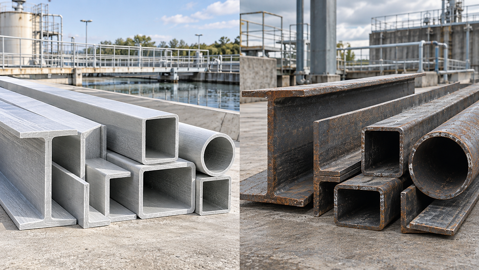 Split view of stacked steel beams and pipes at an industrial plant, shiny silver on left and rusty brown on right.