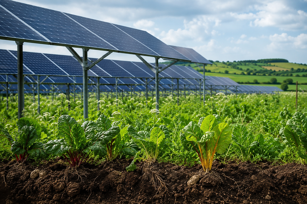 Solar panels shading a lush vegetable field in a green rural landscape under a bright cloudy sky.