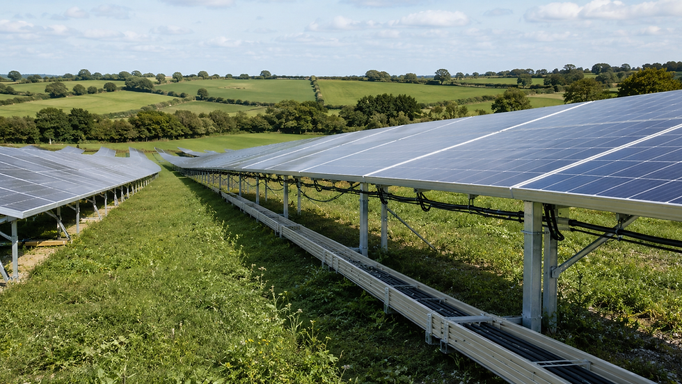Rows of solar panels stretch across a grassy hillside under a blue sky, with rolling green fields and trees in the background.