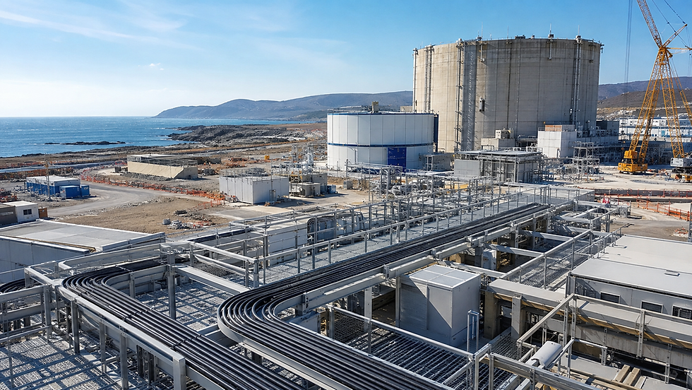 Coastal industrial plant with large tanks, pipes, and a crane beside the sea and mountains under a clear blue sky.