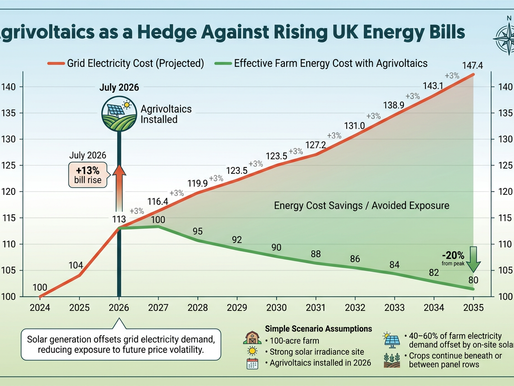 Ground-mount solar panels on UK agricultural land — agrivoltaic farming combining solar energy generation with active crop production as UK household energy bills rise to £1,847 per year from July 2026, driven by Middle East supply disruption
