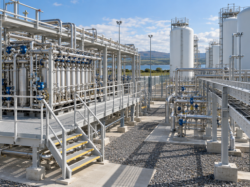 Hydrogen infrastructure representing UK hydrogen production pipeline and storage construction programme including EET Hydrogen at Stanlow and Cadent HyNet North West 100km pipeline — FRP moulded grating pultruded structural profiles cable trays and perimeter fencing providing non-sparking ATEX Zone 1 and Zone 2 compliant non-conductive hydrogen embrittlement immune corrosion-free secondary infrastructure across 25-year operational design lives in UK low-carbon hydrogen facilities
