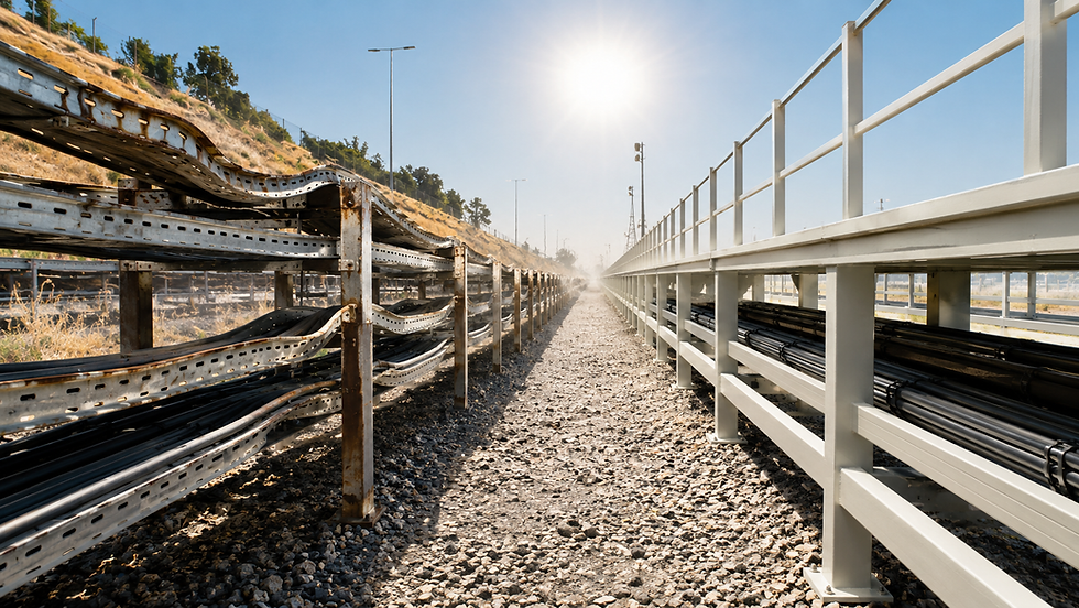 UK infrastructure under extreme summer heat representing FRP thermal resilience versus steel in 2026 heatwave conditions — FRP thermal conductivity of 0.3 to 0.5 watts per metre kelvin versus steel at 50, thermal expansion coefficient of 6 to 8 ppm per degree Celsius versus steel at 12, and UV-stable formulations maintaining properties across 30-year design lives as UK summer temperatures reach 38.1 degrees Celsius at Kew Gardens on 13 August 2026