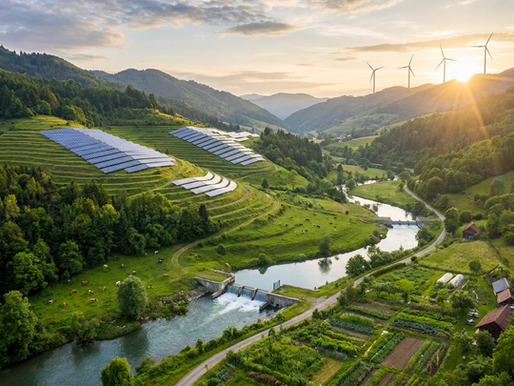 Renewable energy and natural landscape representing sustainability as a self-sustaining ecosystem — FRP structural infrastructure delivering lower manufacturing emissions, maintenance-free operational performance, and zero ecosystem contamination across a 50-year design life as part of the UK circular economy strategy