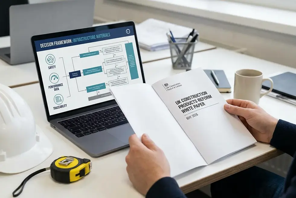 Hands review a UK Construction Products Reform White Paper beside a laptop showing an infrastructure decision framework in an office.
