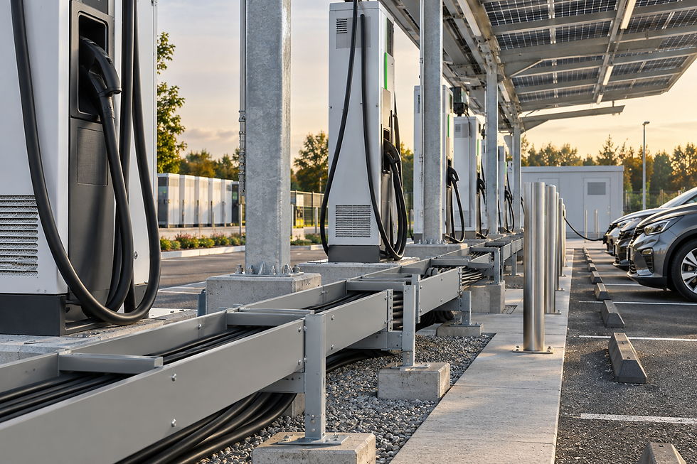 EV charging station under solar panels at sunset, with multiple chargers and parked cars in a clean parking lot.