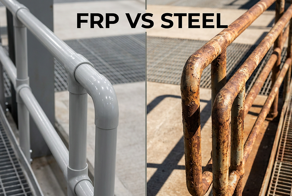 FRP versus structural steel material properties comparison table covering density tensile strength modulus of elasticity corrosion electrical conductivity thermal expansion fire performance manufacturing emissions purchase price and lifecycle cost for secondary infrastructure specification decisions
