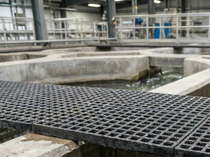 Anti-slip FRP moulded grating installed at the edge of a water treatment settlement tank — showing the integral gritted surface and open mesh design that provides corrosion-resistant, non-conductive access platform flooring in a persistent wet and chemically active water treatment environment