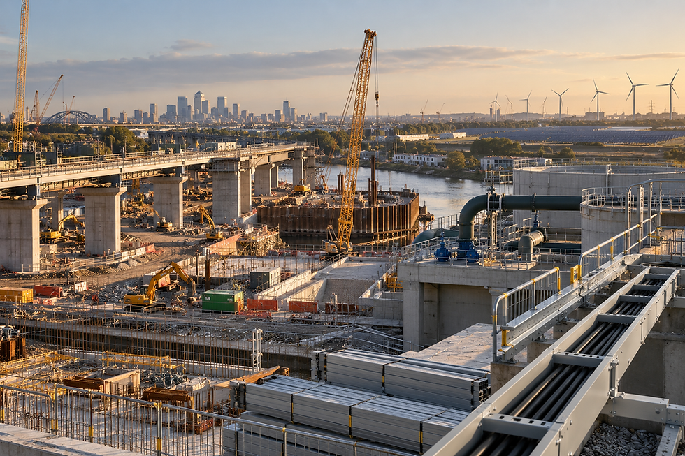 Sunset over riverside bridge construction with cranes, concrete spans, city skyline, and wind turbines in the distance.