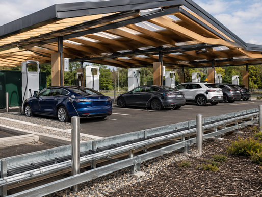 UK electric vehicle charging hub infrastructure representing 119,080 public EV chargers and 1,034 rapid charging hubs as of mid-2026 where FRP cable trays structural profiles and drainage channels provide non-conductive corrosion-immune road-salt-resistant secondary infrastructure across 20-year operational design lives in high-voltage DC outdoor environments
