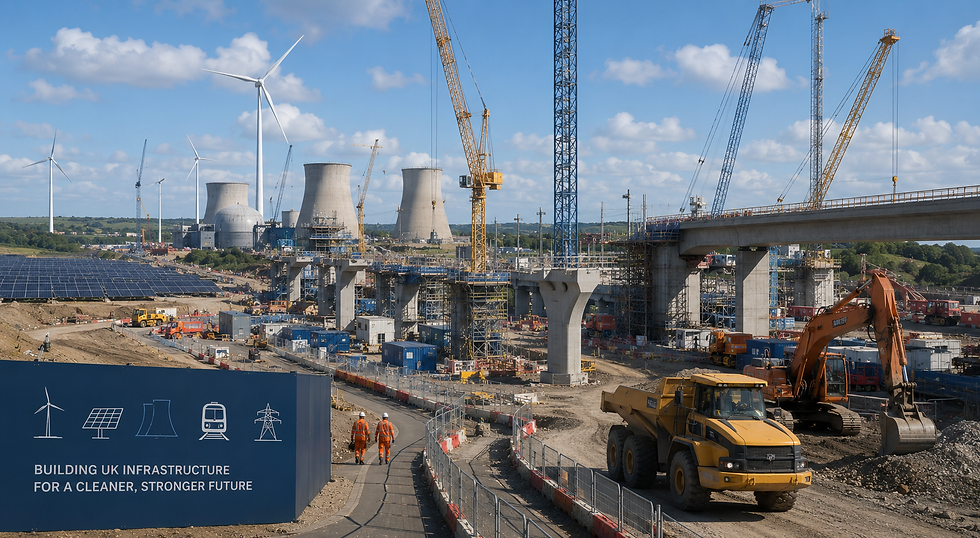 UK infrastructure construction representing the Planning and Infrastructure Act planning reform confirmed 3 July 2026 — accelerating delivery of solar farms wind farms nuclear plants water reservoirs and data centres under the reformed NSIP regime with FRP secondary infrastructure specification ensuring 30 to 50 year operational performance.