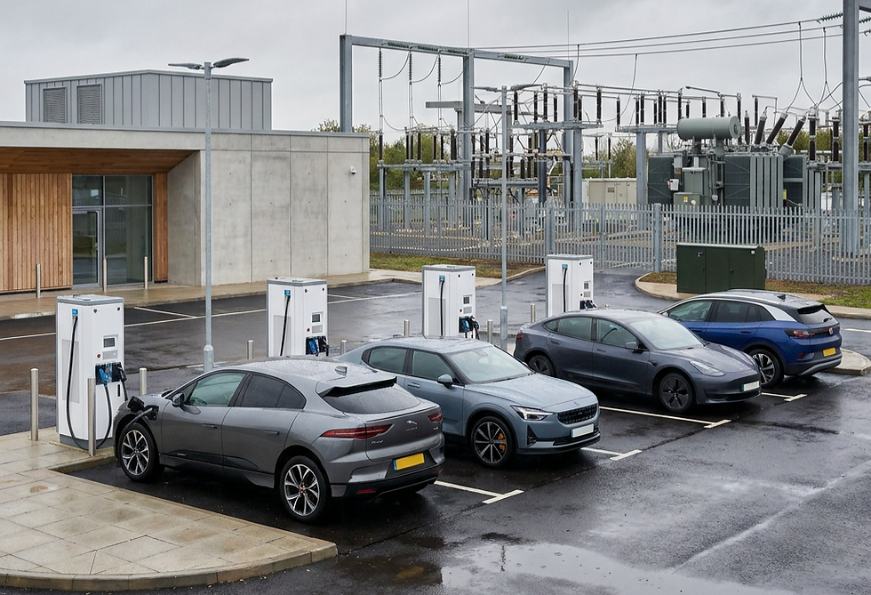 EV charging hub infrastructure showing high power ultra-rapid charge points at a public charging location — FRP cable trays, grating, structural profiles, and perimeter fencing providing non-conductive, corrosion-resistant, maintenance-free secondary infrastructure across a 20-year operational life in outdoor electrically sensitive charging environments