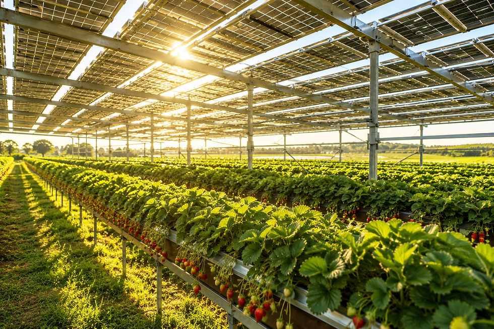 Agrivoltaic solar panels elevated above UK agricultural land representing soft fruit production beneath solar arrays — strawberries producing 7 to 24% more class 1 fruits and raspberries showing improved berry quality under panel shade with FRP mounting frames providing zero soil contamination across a 30-year operational life