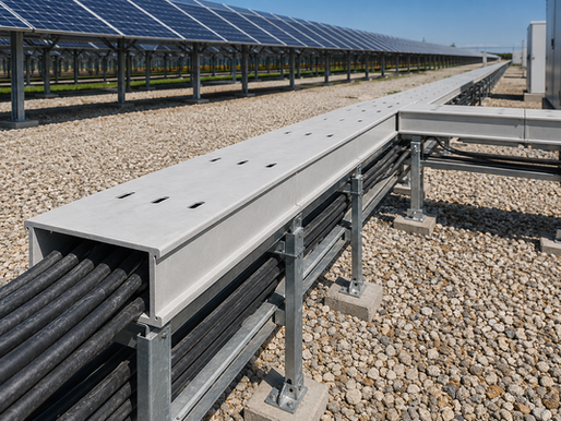 Overhead FRP cable tray system in industrial energy infrastructure representing non-conductive corrosion-resistant cable management for UK solar farms battery storage grid substations and offshore wind platforms across a 30-year operational design life
