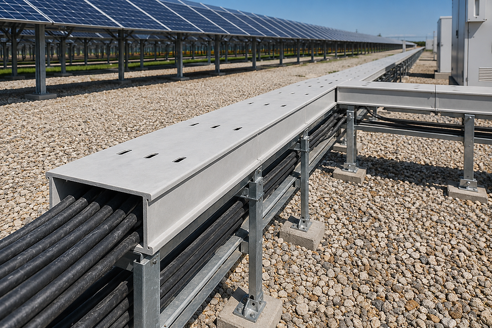 Cable tray and black conduits run through a solar farm under rows of blue solar panels on gravel, in bright sunny weather.
