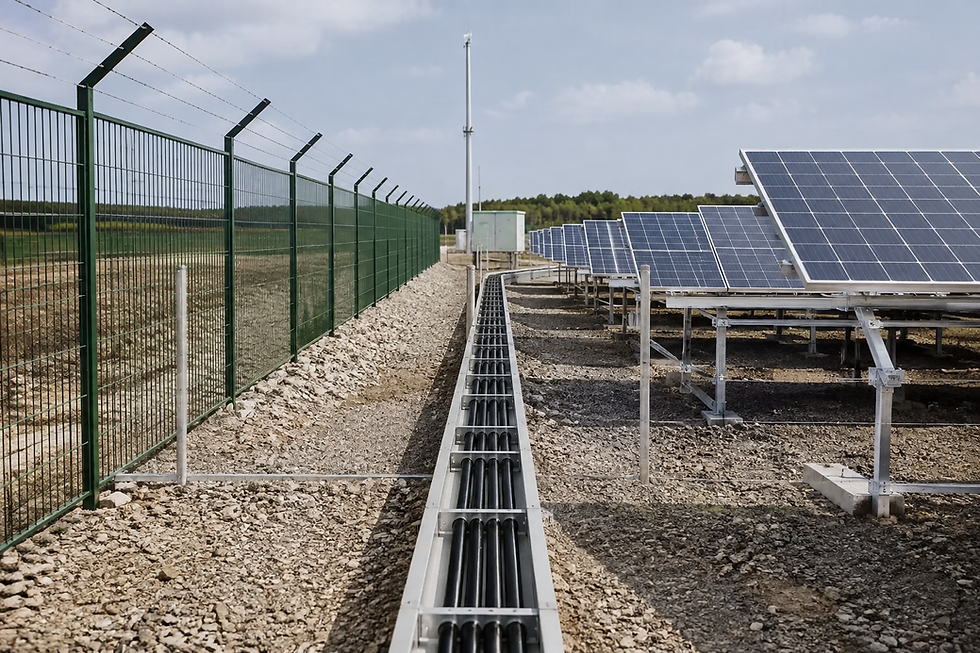 Solar panels in a fenced field with cable trays running between rows under a cloudy sky.