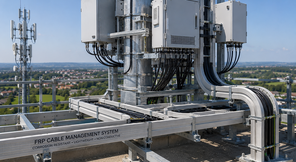 Telecom tower with gray cabinets and bundled black cables over a cityscape; FRP CABLE MANAGEMENT SYSTEM text visible.