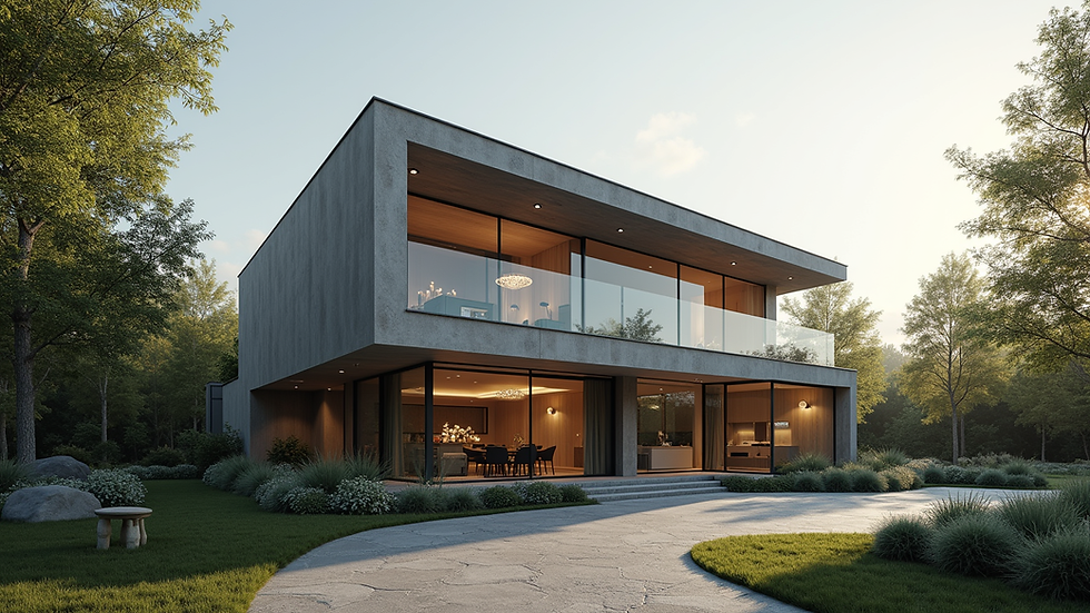 Eye-level view of a modern house with large windows