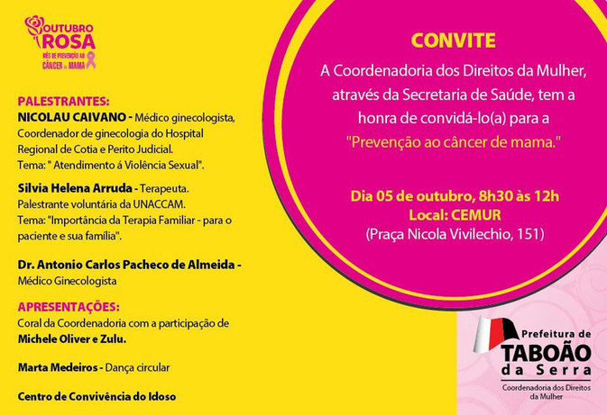 Outubro Rosa, prevenção ao câncer de Mama em Taboão da Serra.