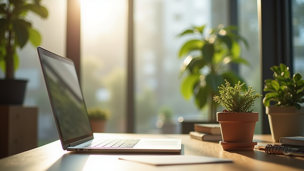 Eye-level view of a serene workspace with plants and natural light