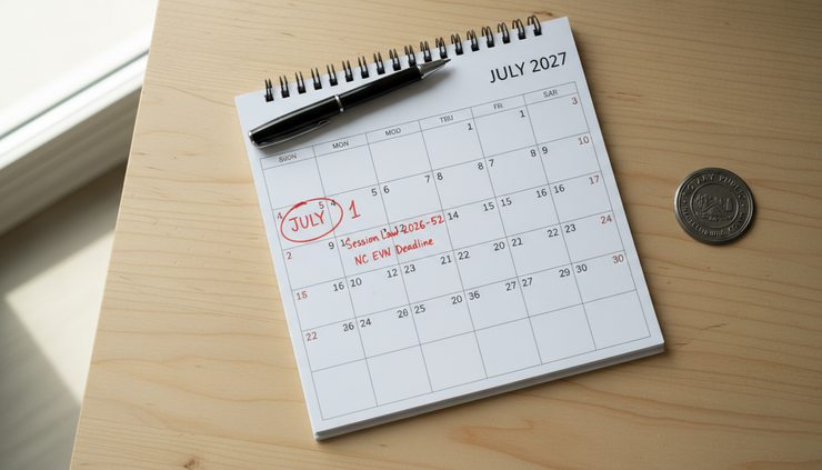 Overhead view of a calendar marked July 1 2027 beside a pen and notary seal