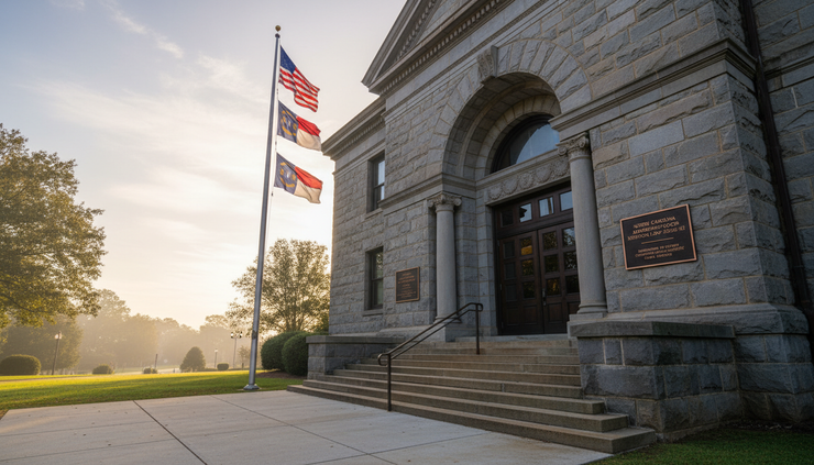 Wide-angle view of a North Carolina courthouse exterior on a quiet morning