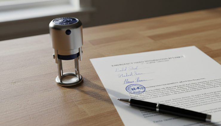 Close-up view of a notary stamp beside a signed document on a wooden table