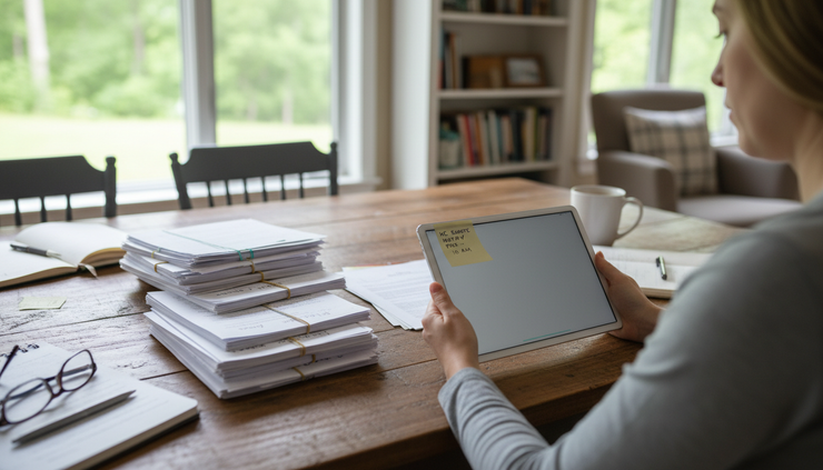 Eye-level view of a person holding a tablet showing a blank video call screen beside legal papers