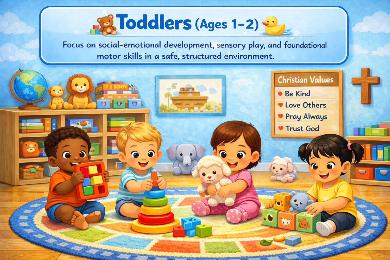 Toddlers ages 1–2 learning and playing in daycare classroom