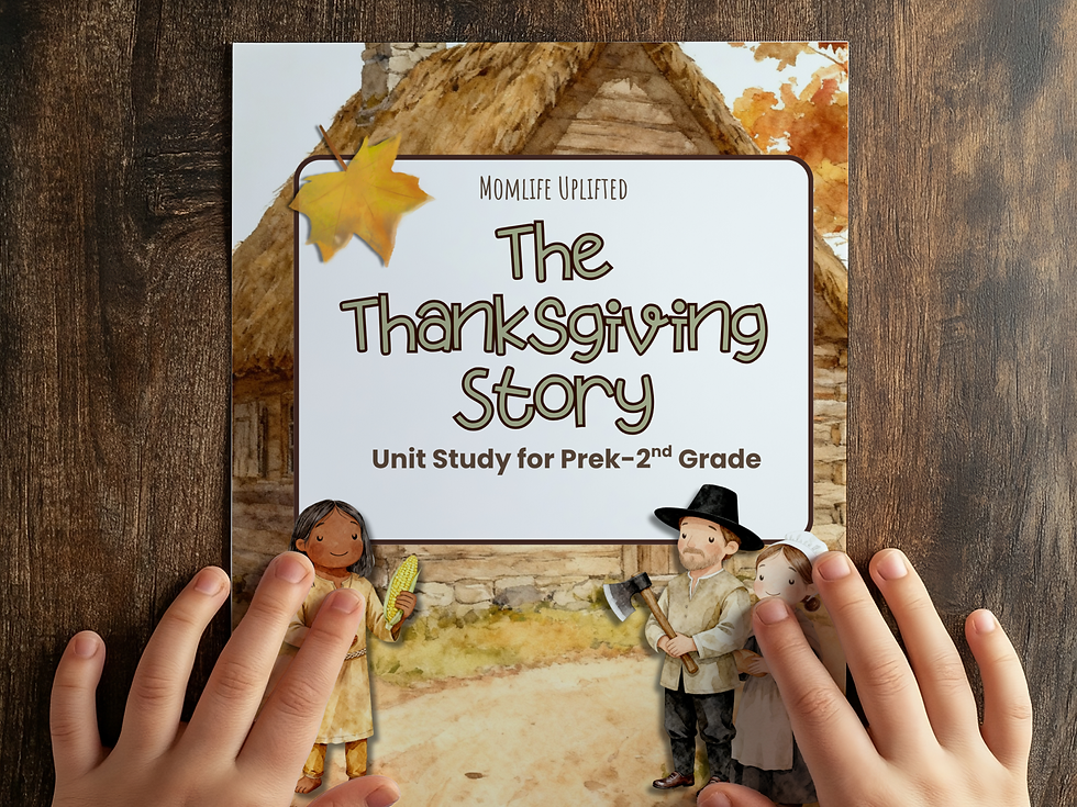 Printable Paper with pilgrim and native american watercolor characters, words The Thanksgiving Story across the front
