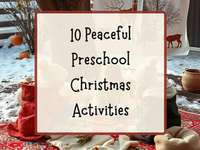Children in winter clothes sit on red patterned rugs under a tree in a snowy yard. Text reads "10 Peaceful Preschool Christmas Activities."