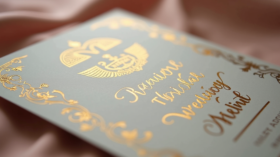 Close-up view of luxury wedding invitation with gold foil details