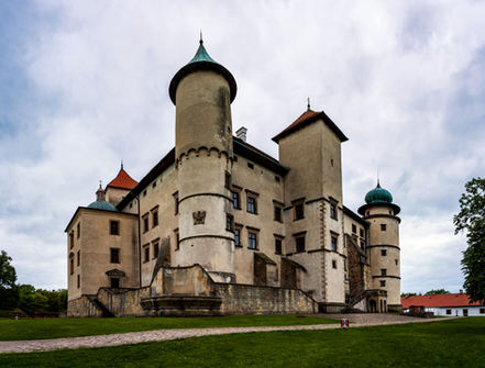 Ukośne ujęcie zamku z masywnymi murami i cylindrycznymi wieżami o stożkowych dachach, wznoszącego się ponad trawnikiem i kamienną podmurówką pod pochmurnym niebem.