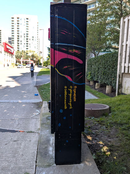 Thin right side of the box, mostly black with details of the turtle's shell in pink and blue, and signature
@cymatiste
@yongenorthyork
@bellboxmurals