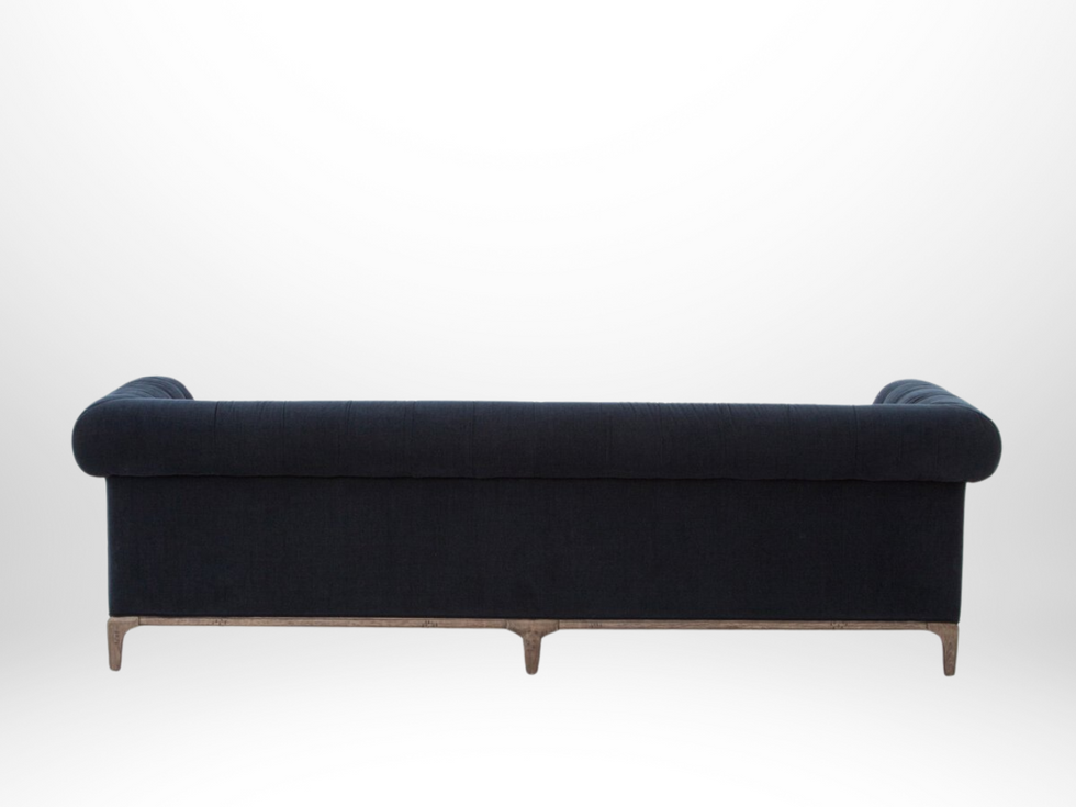 Navy upholstered Chesterfield Sofa Walnut Wood Legs Rolled Arms Gigi