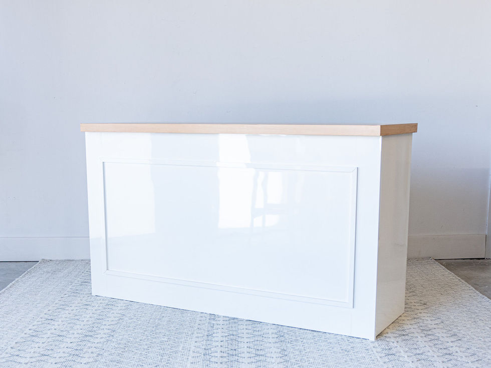 Sleek white bar with oak top zoomed out